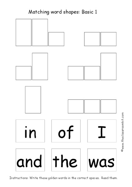 matching word shapes basic 1 worksheet for 1st grade