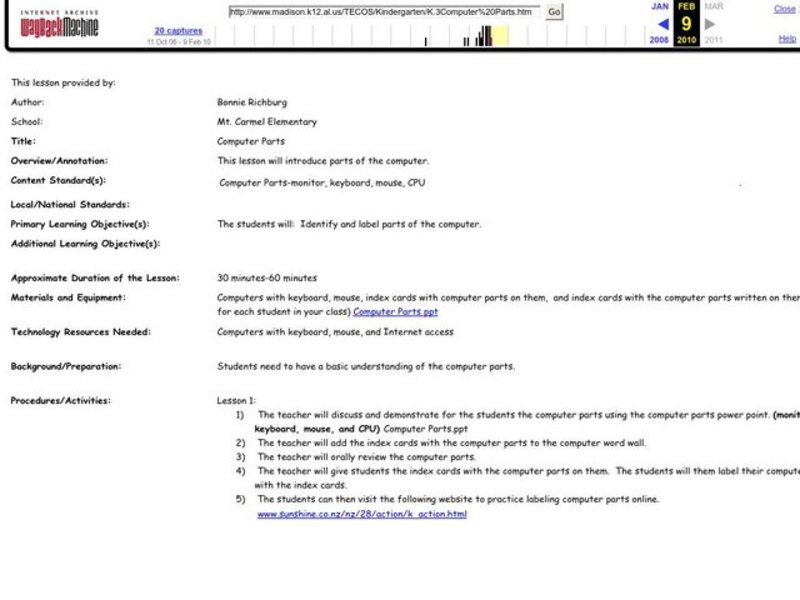 Computer Parts Lesson Plan for 3rd 6th Grade Lesson