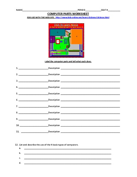 Computer Parts Worksheet for 6th - 12th Grade | Lesson Planet