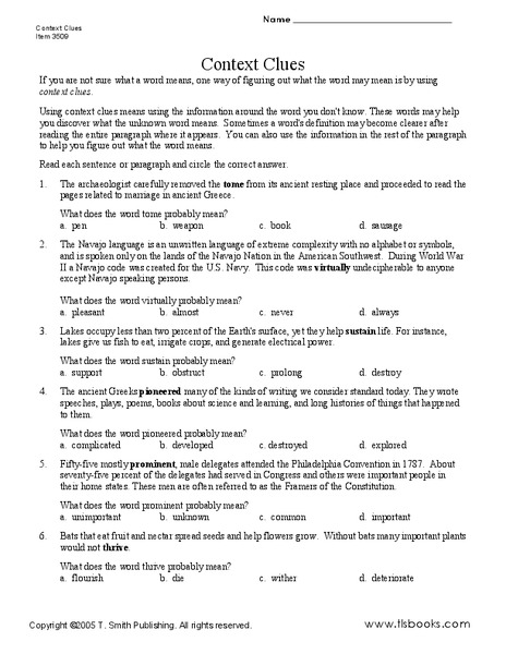 Context Clues Worksheet for 7th - 8th Grade | Lesson Planet