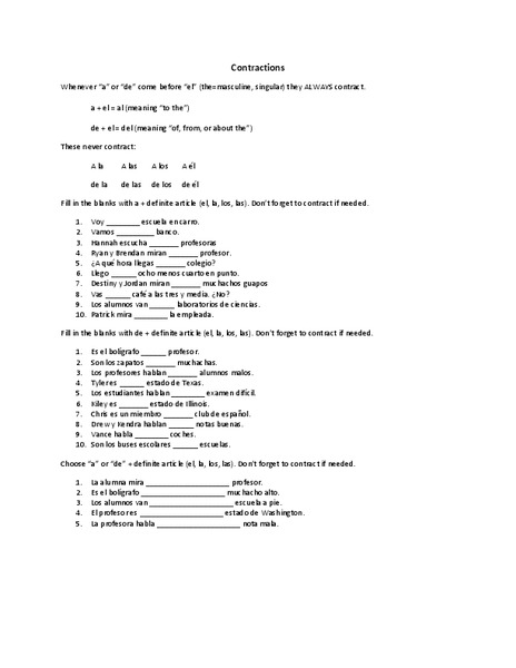 Contractions Worksheet for 7th - 9th Grade | Lesson Planet