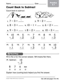 Count Back to Subtract Worksheet for 1st Grade | Lesson Planet