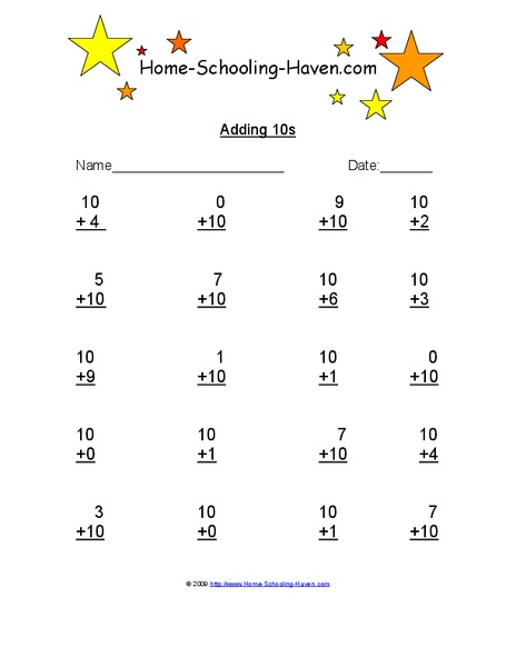 Adding 10s Worksheet for Kindergarten - 2nd Grade | Lesson Planet