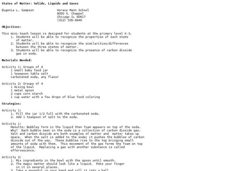 States of Matter Solids, Liquids and Gases Lesson Plan for