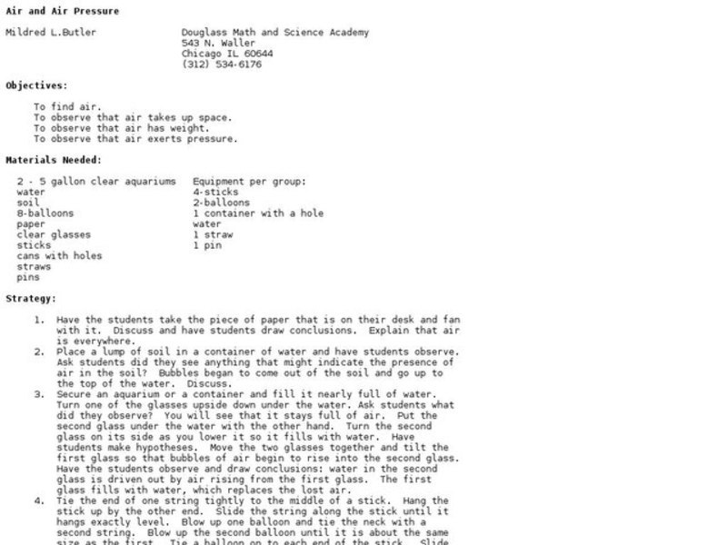 Air and Air Pressure Lesson Plan for 4th 7th Grade Lesson