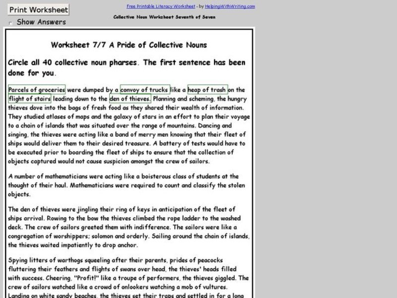 Worksheet 7/7 A Pride of Collective Nouns Interactive for 5th - 8th