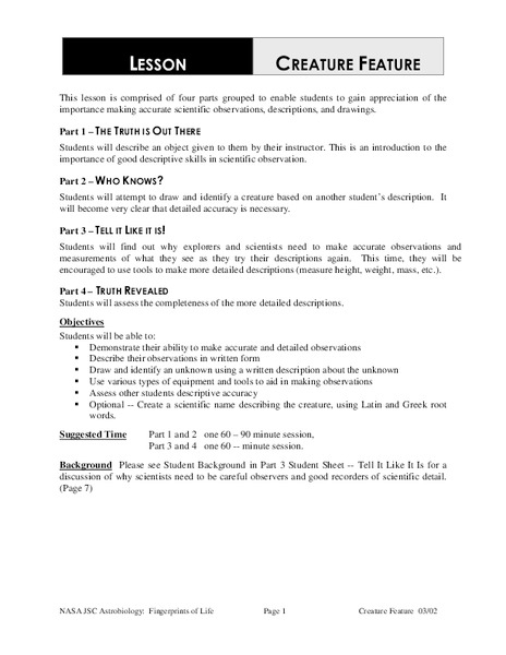 Creature Feature Lesson Plan for 5th - Higher Ed | Lesson Planet