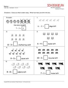 Math - Subtraction - 0 to 10 Worksheet for Kindergarten - 1st Grade ...