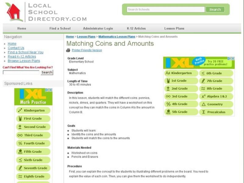 Matching Coins and Amounts Lesson Plan for Kindergarten 3rd Grade