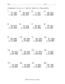 Decimal Addition Worksheet