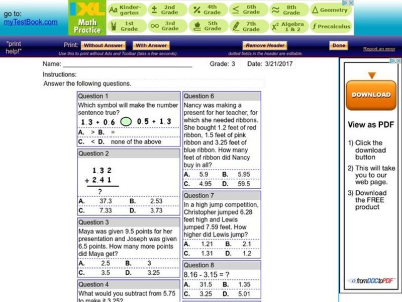 decimal addition grade 3
