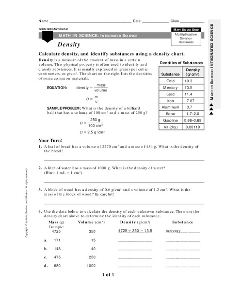 Density Worksheet for 7th - 10th Grade | Lesson Planet