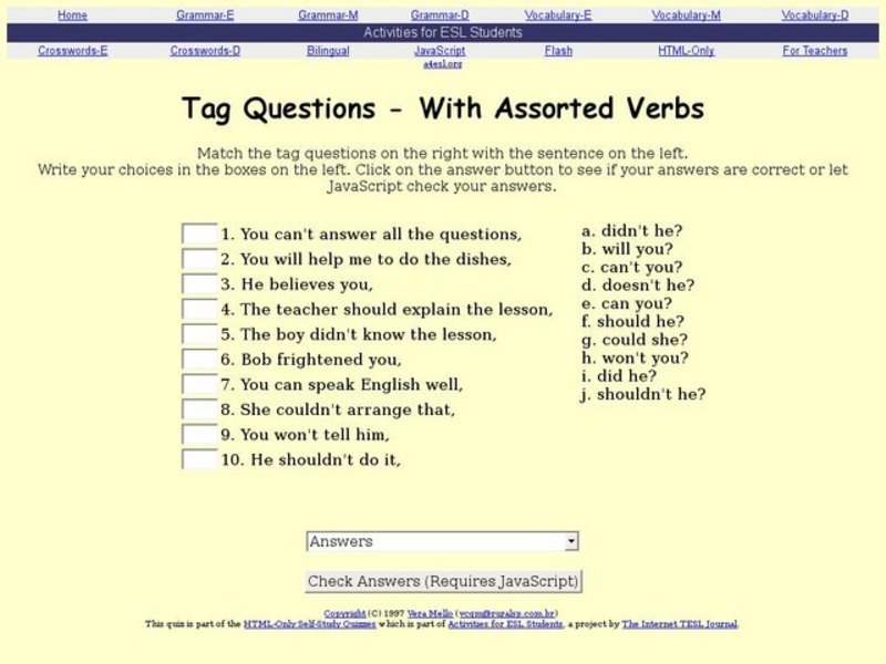 Tag Questions With Assorted Verbs Interactive for 4th 7th Grade Lesson
