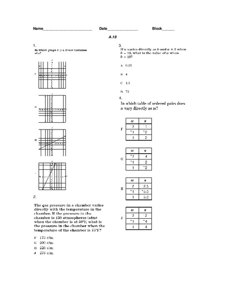 Direct Variation Worksheet for 8th - 12th Grade | Lesson Planet