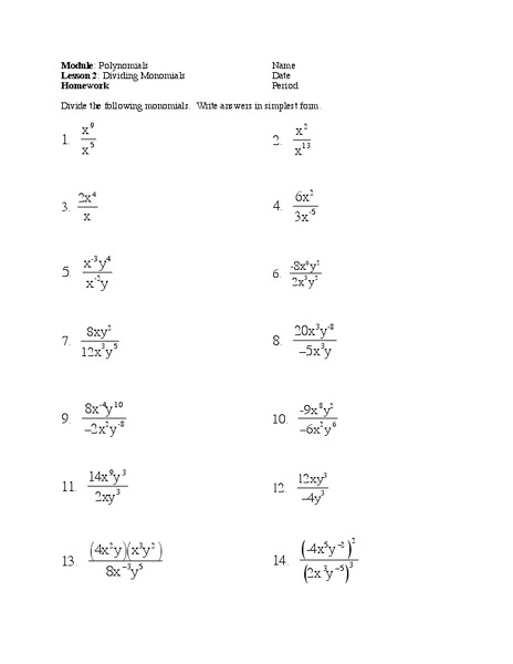 Dividing Monomials Worksheet For 9th Grade Lesson Planet