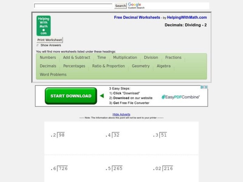 Dividing With Decimals Worksheet for 6th - 7th Grade | Lesson Planet