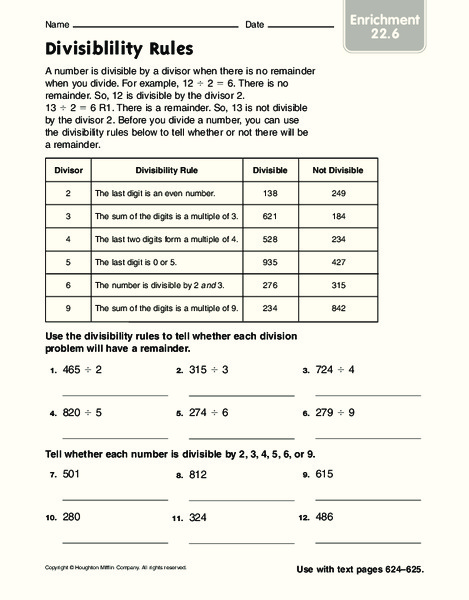 divisibility rules worksheet for 3rd 4th grade lesson planet