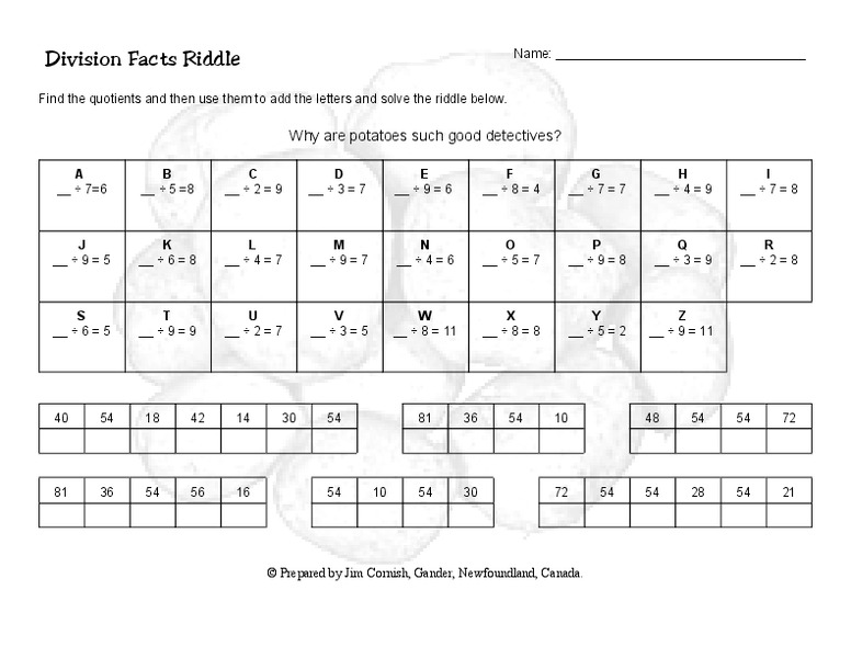 Division Facts Riddle Worksheet for 3rd 4th Grade Lesson