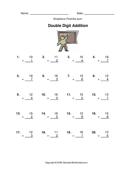 double digit addition worksheet for 1st 2nd grade