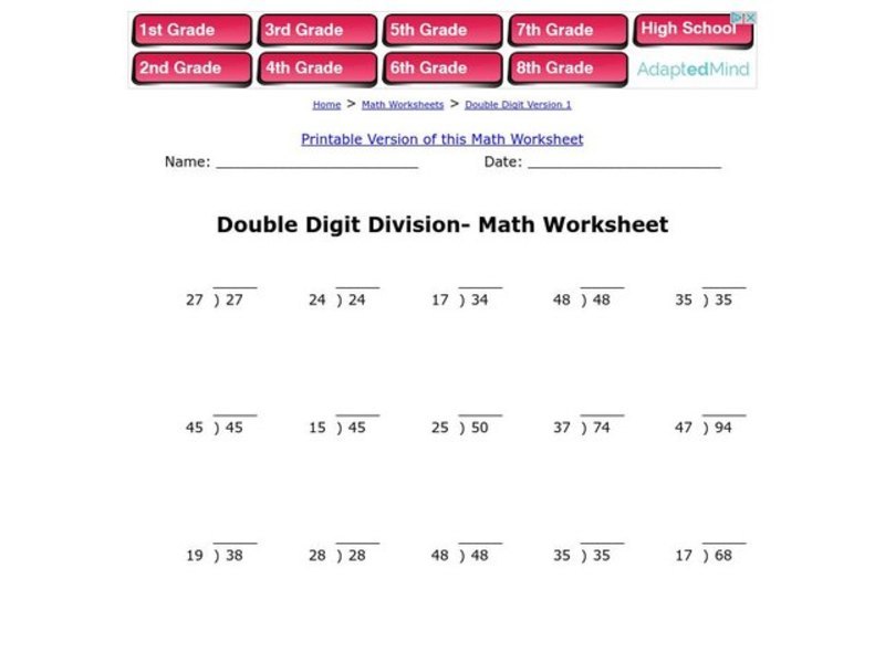 Double Digit Division&ndash;Math Worksheet Worksheet for 2nd - 4th Grade