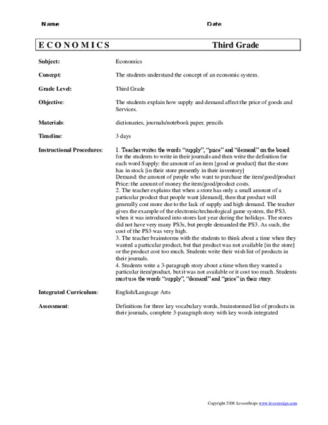Economics Lesson Plan for 3rd Grade | Lesson Planet