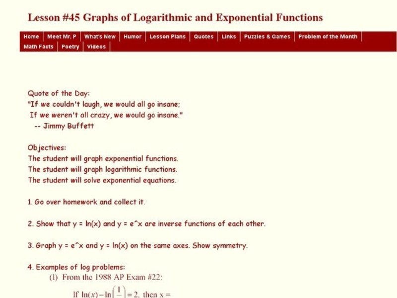 Lesson 45 Graphs of Logarithmic and Exponential Functions Lesson Plan