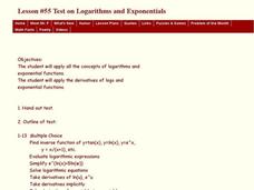Lesson #55 Test on Logarithms and Exponentials Lesson Plan