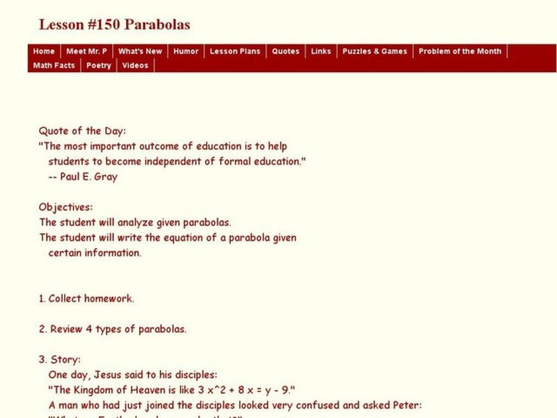 Lesson 150 parabolas lesson plan for 10th 12th grade lesson planet