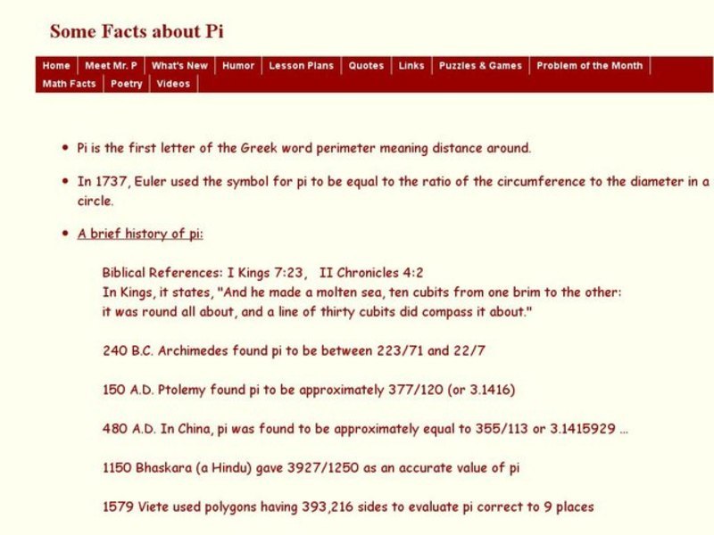 Some Facts about Pi Worksheet for 10th Grade Lesson