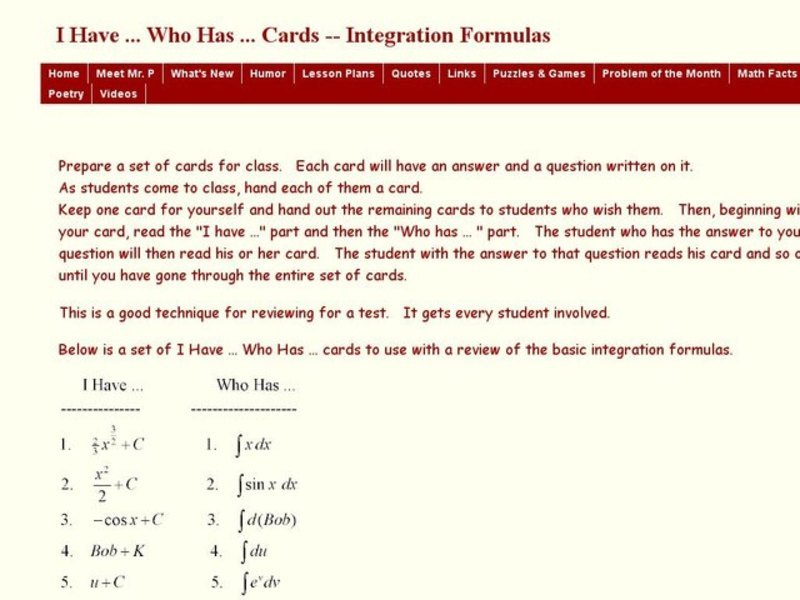 I Have Who Has Cards - Integration Formulas Worksheet for 11th - 12th ...