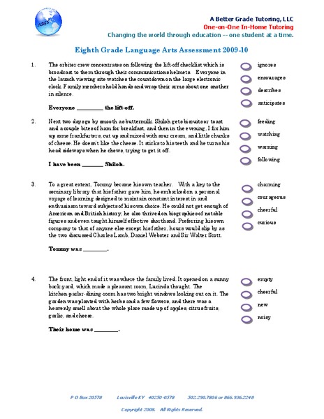 eighth grade language arts assessment 2009 2010 worksheet for 9th