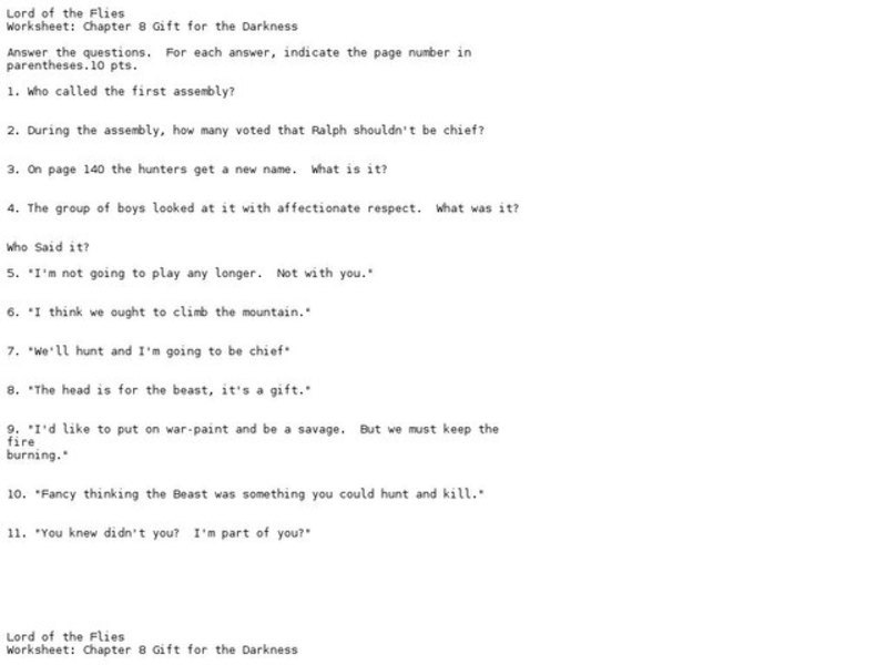 lord of the flies chapter 8 A secondary school revision resource for gcse english literature about the plot of william golding's lord of the flies chapter 8 - a gift for the darkness. lord of the flies chapter 8 A secondary school revision resource for gcse english literature about the plot of william golding's lord of the flies chapter 8 - a gift for the darkness.