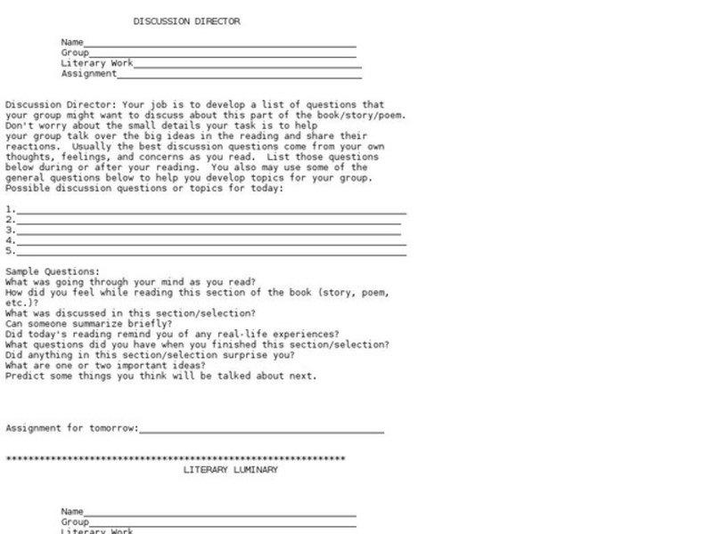 Discussion Director Worksheet for 6th - 9th Grade | Lesson Planet