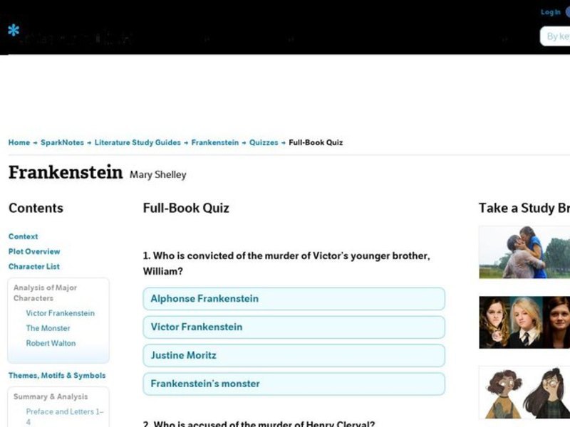 Frankenstein Quiz Interactive for 10th Higher Ed Lesson