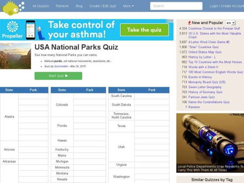 USA National Parks Quiz Interactive for 7th 12th Grade Lesson