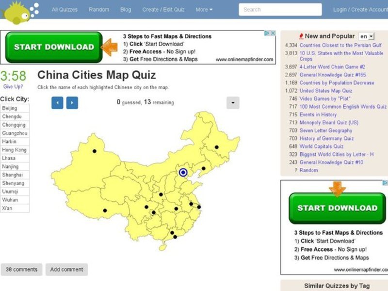 Chinese Cities Map Quiz Interactive for 6th 12th Grade Lesson