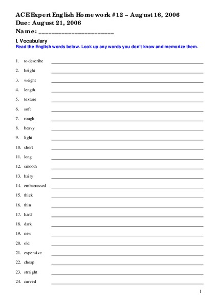 ESL Vocabulary Practice Worksheet for 4th - 7th Grade | Lesson Planet