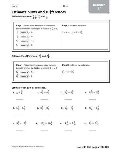 Estimate Sums and Differences: Reteach Worksheet for 5th - 6th Grade