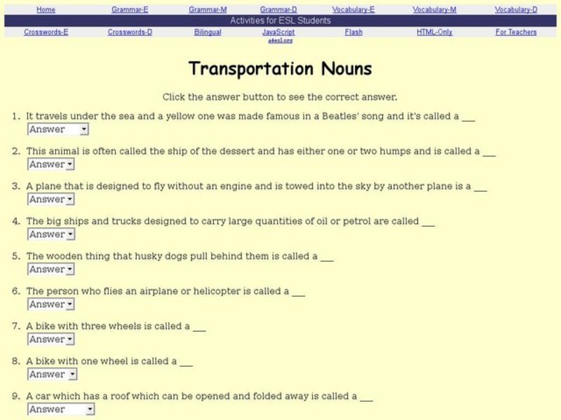 Transportation Nouns Interactive for 3rd 6th Grade Lesson