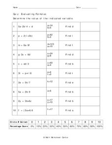 Evaluating Formulas Worksheet