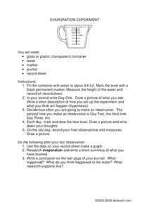 Evaporation Experiment Worksheet for 4th - 6th Grade | Lesson Planet