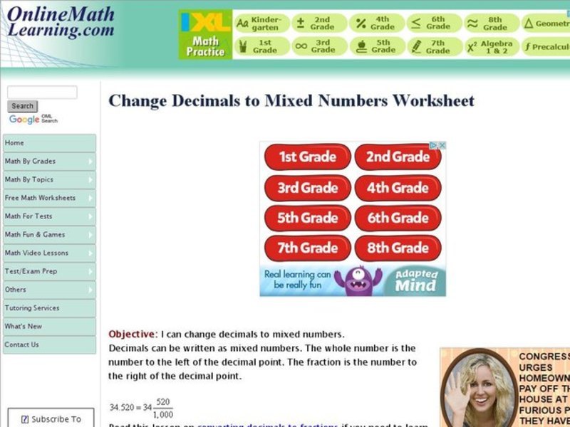 Changing Decimals to Mixed Numbers Interactive for 5th 6th Grade