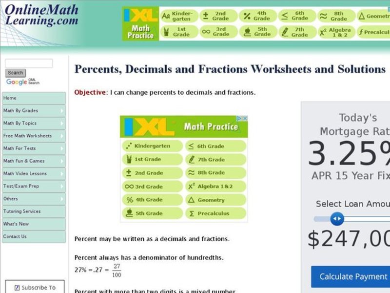 Percents Decimals And Fractions Interactive For 9th Grade Lesson Planet Percents Decimals And Fractions Interactive For 9th Grade Lesson Planet