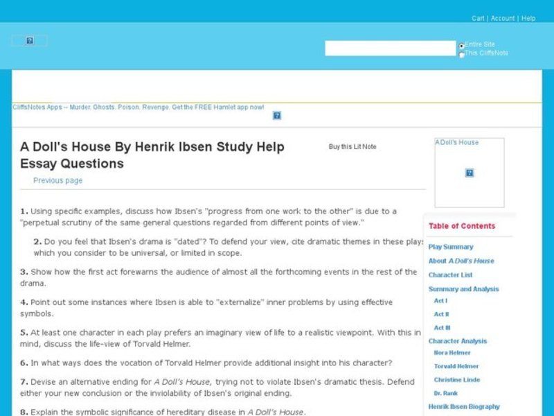 A Doll's House Essay Questions Interactive for 10th 12th Grade