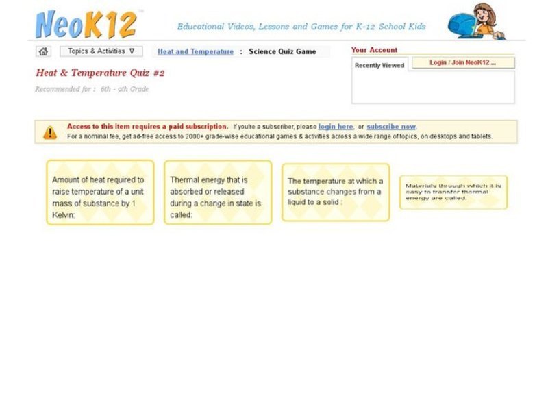 Heat & Temperature Quiz 2 Interactive for 6th 8th Grade Lesson