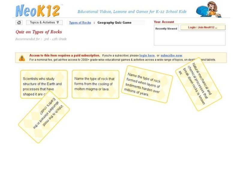 Types of Rocks Quiz Interactive for 3rd 12th Grade Lesson