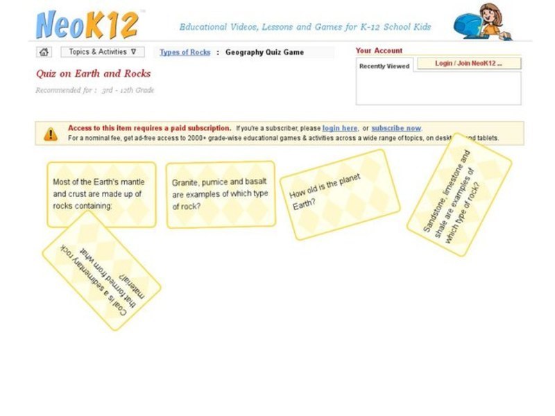 Earth and Rocks Quiz Interactive for 3rd 12th Grade Lesson