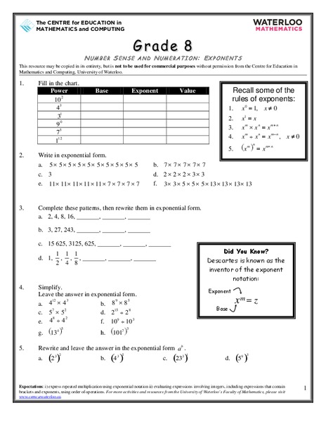 Grade 8 Exponents Worksheets Pdf