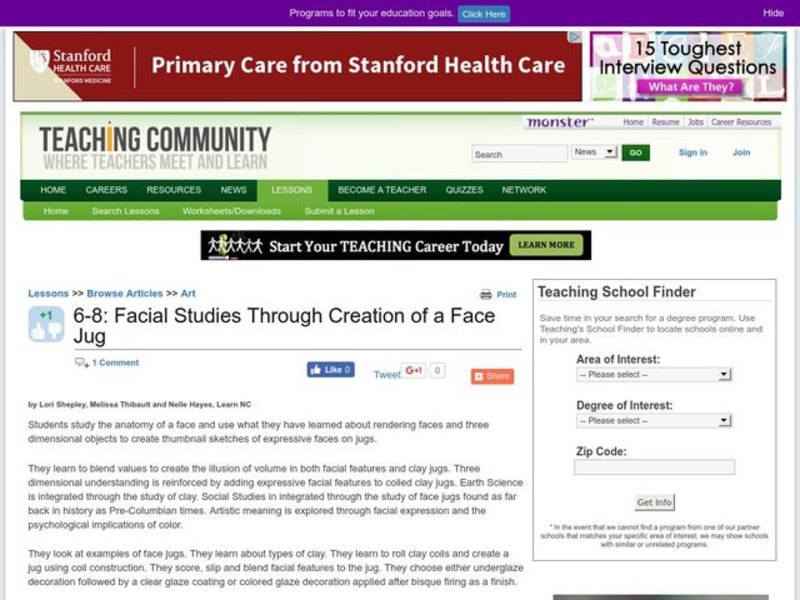 Facial Studies Through Creation of a Face Jug Lesson Plan for 6th 8th