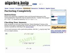 Factoring Completely Worksheet for 10th - 12th Grade | Lesson Planet